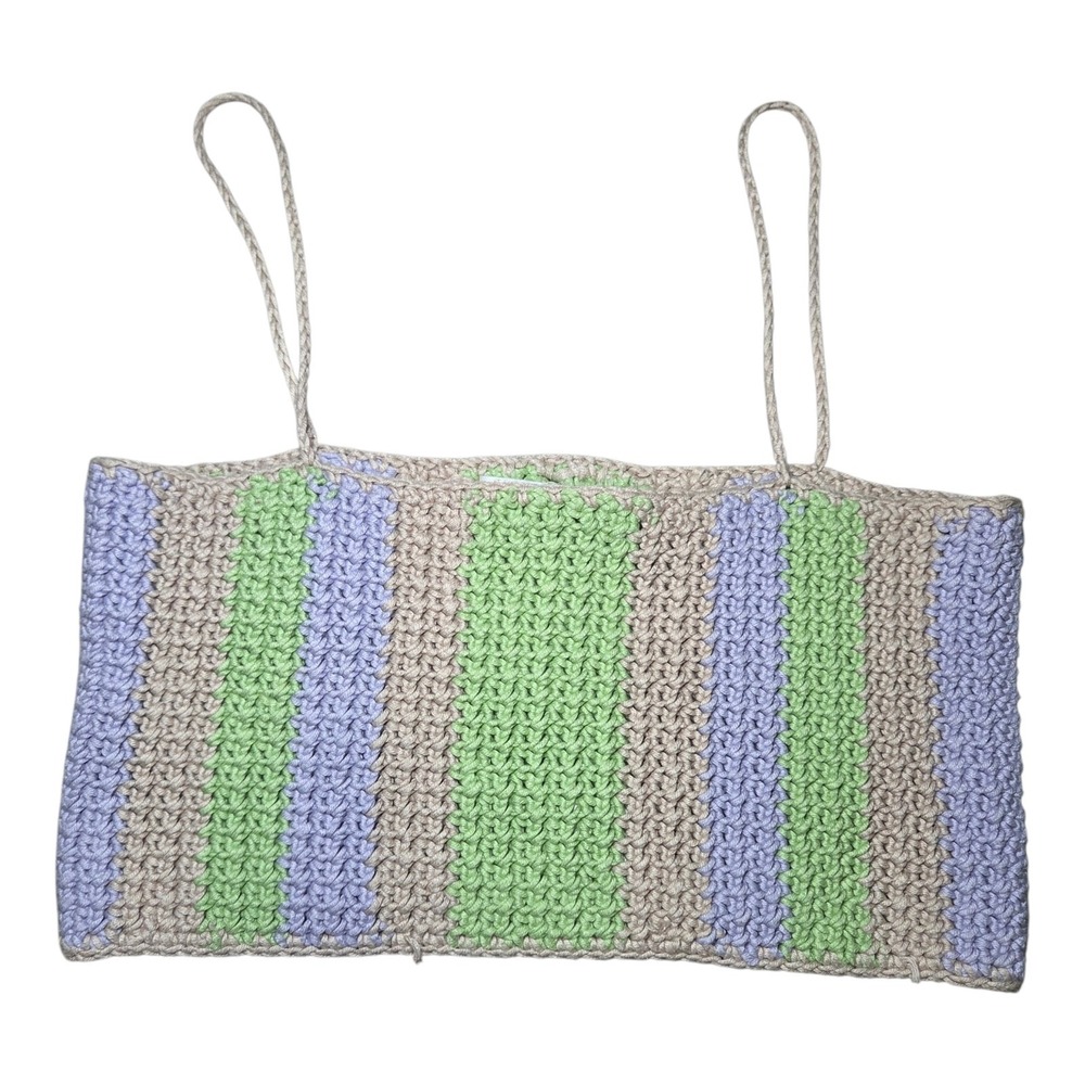Michi Margaret Hand Crochet Striped Crop Cami Top Green Lavender Beige Spaghetti
